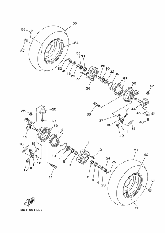 Yamaha 43D-F3511-00 Knuckle, Steering 1 — shown on the Front Wheel parts diagram