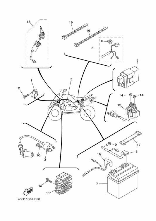 Yamaha 43D-H2510-00 Main Switch Assy — shown on the Electrical 1 parts diagram
