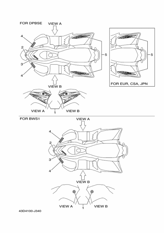 Yamaha 43D-F153E-00 Emblem, Yamaha — shown on the Graphics parts diagram