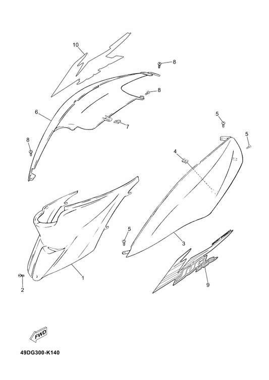 Yamaha 49D-F1782-20 Emblem, 2 — shown on the Side Cover parts diagram