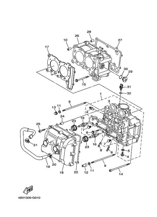 Yamaha 15B-W1131-00 Cylinder — shown on the Cylinder parts diagram