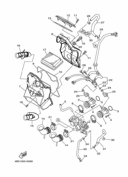Yamaha 4B5-1443A-00 Duct — shown on the Intake parts diagram