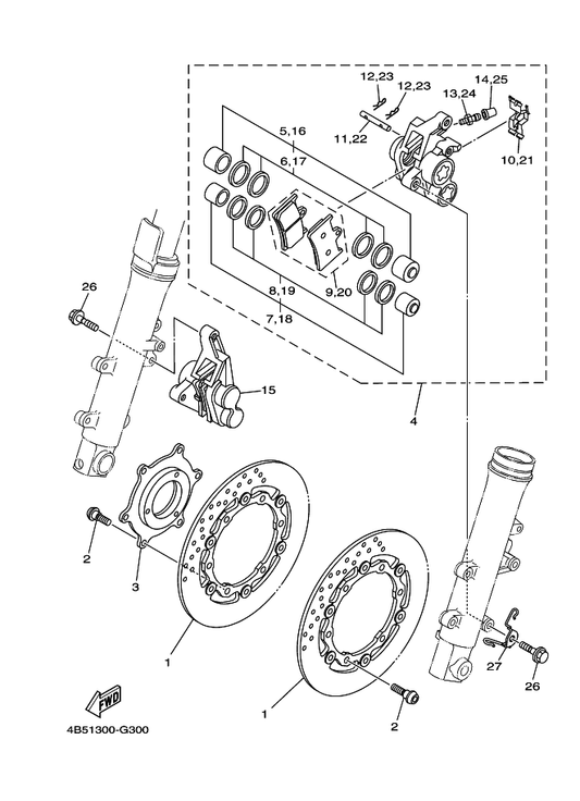 Yamaha 4B5-2580T-00 Caliper Assy (Left) — shown on the Front Brake Caliper parts diagram