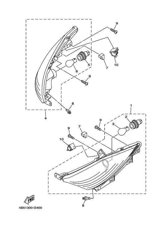 Yamaha 4B5-83310-00 Front Flasher Light Assy 1 — shown on the Flasher Light parts diagram