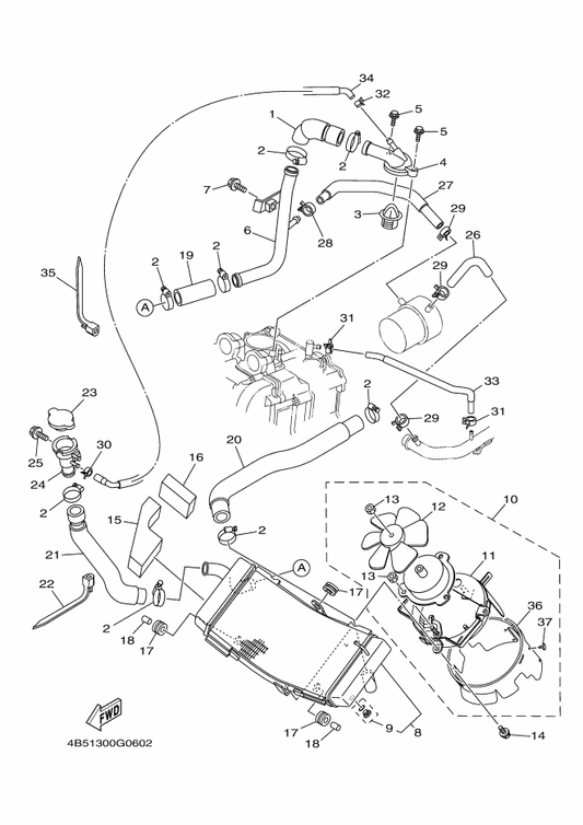 Yamaha 4B5-12405-00 Blower Assy — shown on the Radiator & Hose parts diagram