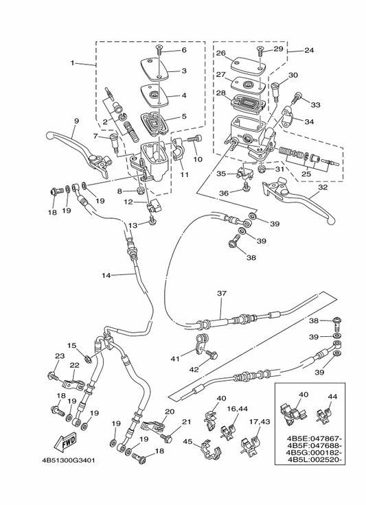 Yamaha 4B5-25876-00 Holder, Brake Hose 2 — shown on the Front Master Cylinder parts diagram