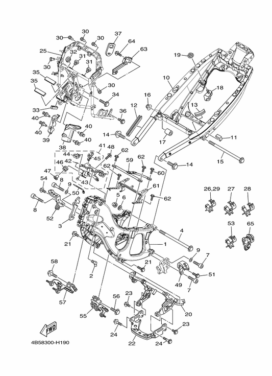 Yamaha 90464-10190 Clamp — shown on the Frame parts diagram