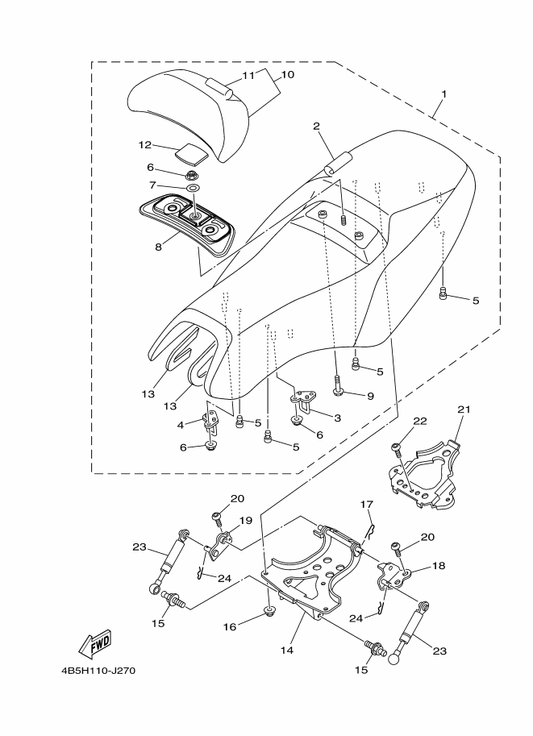 Yamaha 4B5-24723-00 . Damper, Seat — shown on the Seat parts diagram