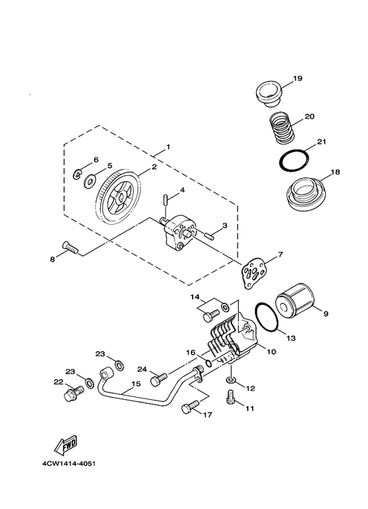 Yamaha 4CW-E3405-00 Oil Pipe Comp. 1 — shown on the Oil Pump parts diagram