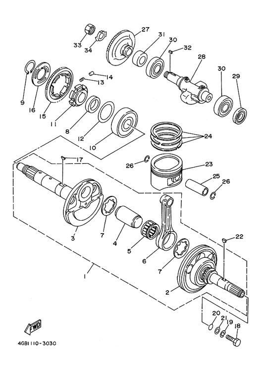 Yamaha 4GB-11638-00 Piston (1.00Mm O/S) — shown on the Crankshaft & Piston parts diagram