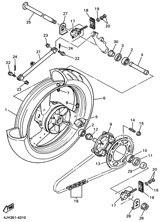 Yamaha 4JH-25447-00 Sprocket, Driven — shown on the Rear Wheel parts diagram