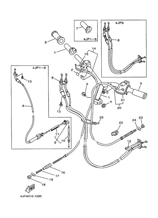 Yamaha 4JP-26110-00 ハンドルコンプリート — shown on the ステアリングハンドル. ケーブル parts diagram