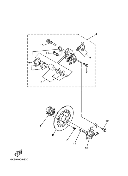 Yamaha 4KB-25712-00 Bracket, Disc — shown on the Rear Brake Caliper parts diagram