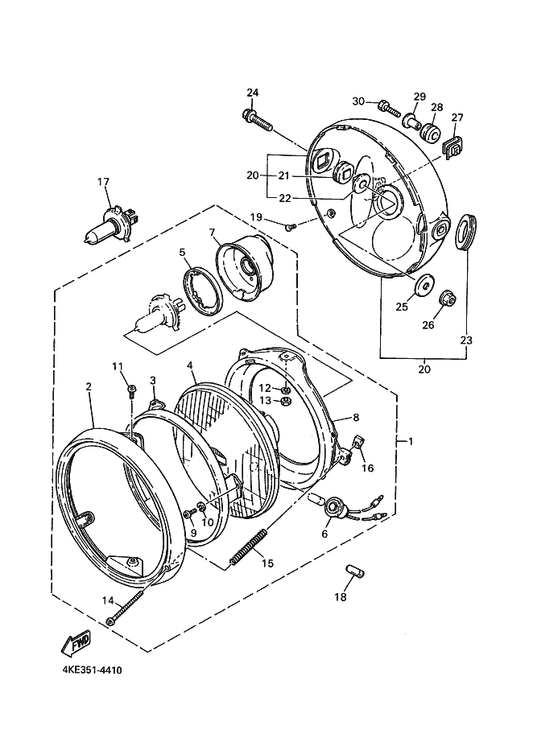 Yamaha 98580-04055 . Screw, Pan Head — shown on the Headlight parts diagram