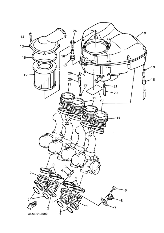 Yamaha 4KM-13596-00 Joint, Carburetor 2 — shown on the Intake parts diagram