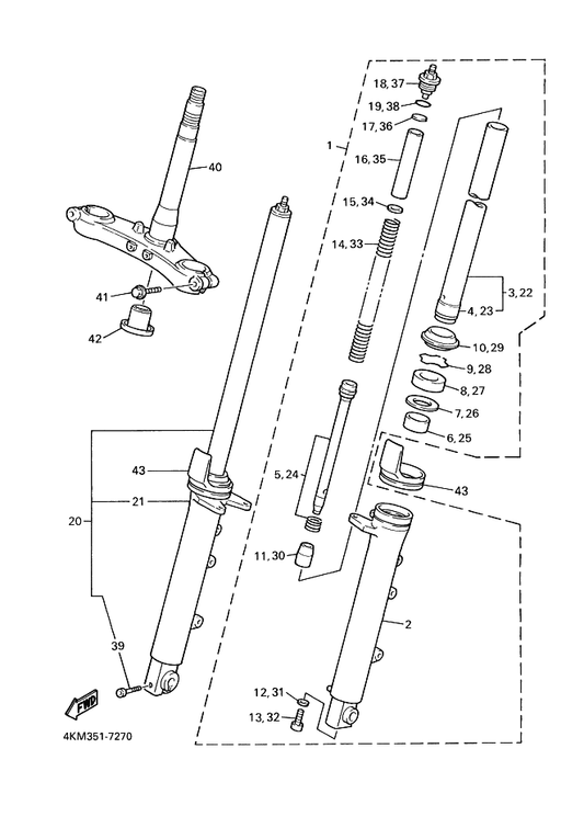 Yamaha 4KM-23149-00 . Washer, Spring Upper — shown on the Front Fork parts diagram