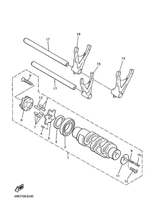 Yamaha 4NK-18540-03 Shift Cam Assy — shown on the Shift Cam & Fork parts diagram