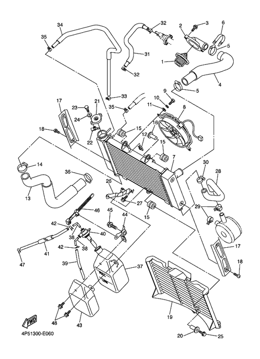 Yamaha 5VX-12461-00 Radiator Assy — shown on the Radiator & Hose parts diagram