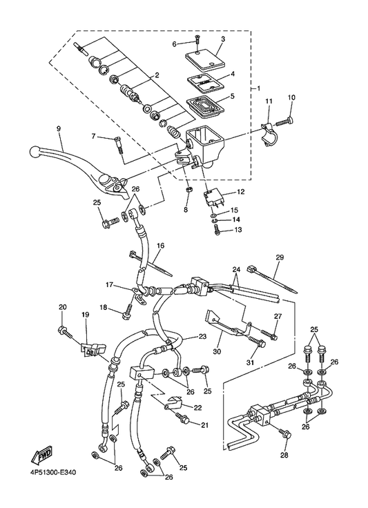 Yamaha 4P5-25844-00 Washer, Lock — shown on the Front Master Cylinder parts diagram