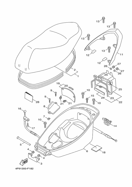 Yamaha 4CW-F4726-01 Hinge, Seat — shown on the Seat parts diagram