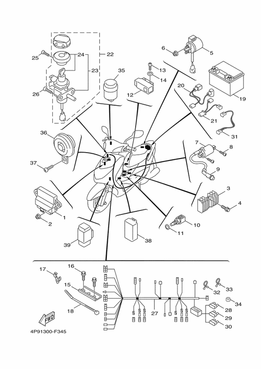 Yamaha 5HM-H2151-00 . Fuse ( 20A ) — shown on the Electrical 1 parts diagram