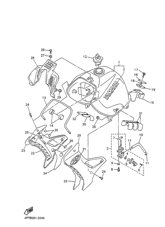 Yamaha 4PT-24161-60 Emblem 1 — shown on the Fuel Tank parts diagram