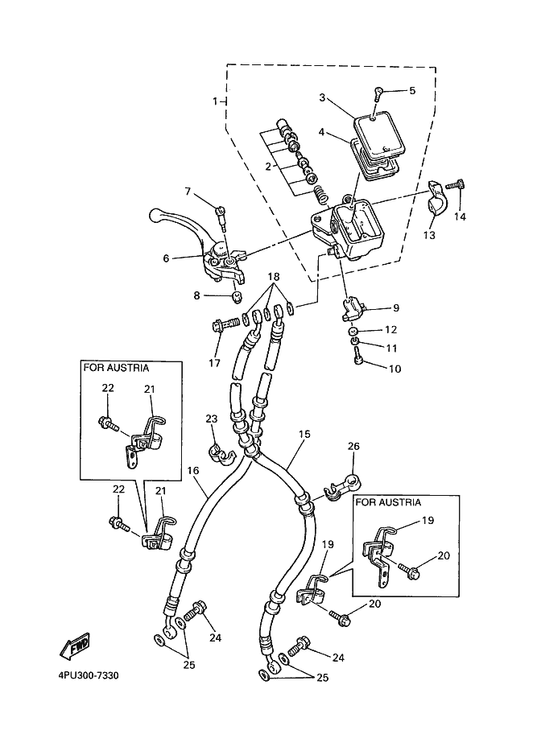 Yamaha 4RB-25887-00 Holder, Brake Hose — shown on the Front Master Cylinder parts diagram