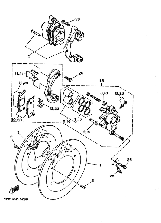 Yamaha 3YX-25919-00 . Support, Pad — shown on the Front Brake Caliper parts diagram