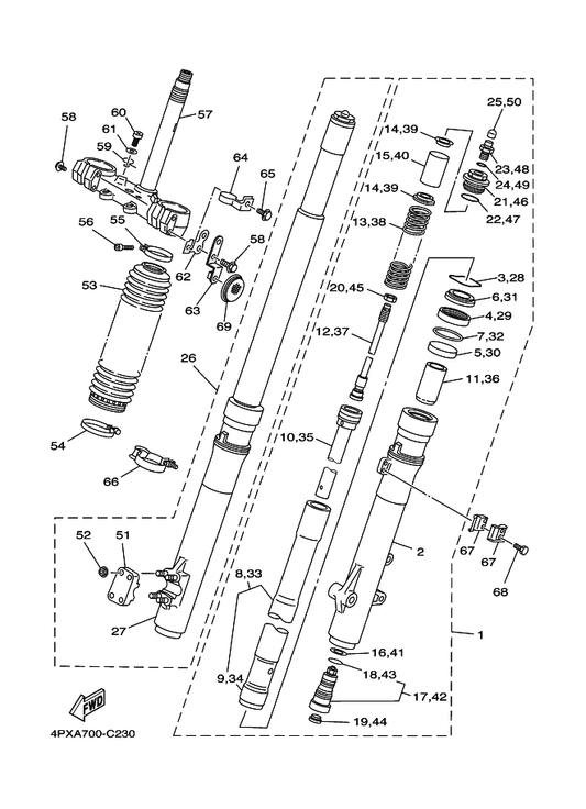 Yamaha 4PX-23141-10 . Spring, Front Fork — shown on the Front Fork parts diagram