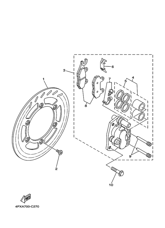 Yamaha 4GY-2580T-01 Caliper Assy (Left) — shown on the Front Brake Caliper parts diagram