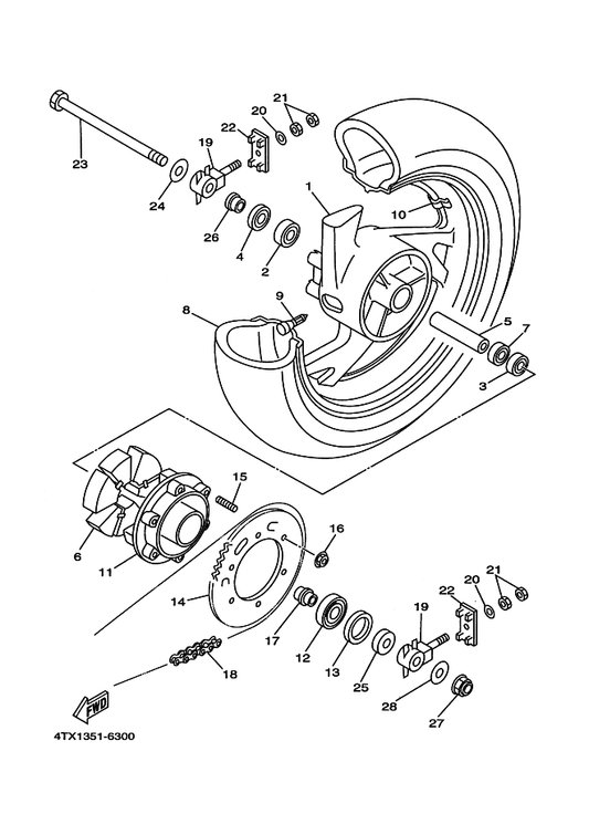 Yamaha 4TX-25364-00 Damper — shown on the Rear Wheel parts diagram