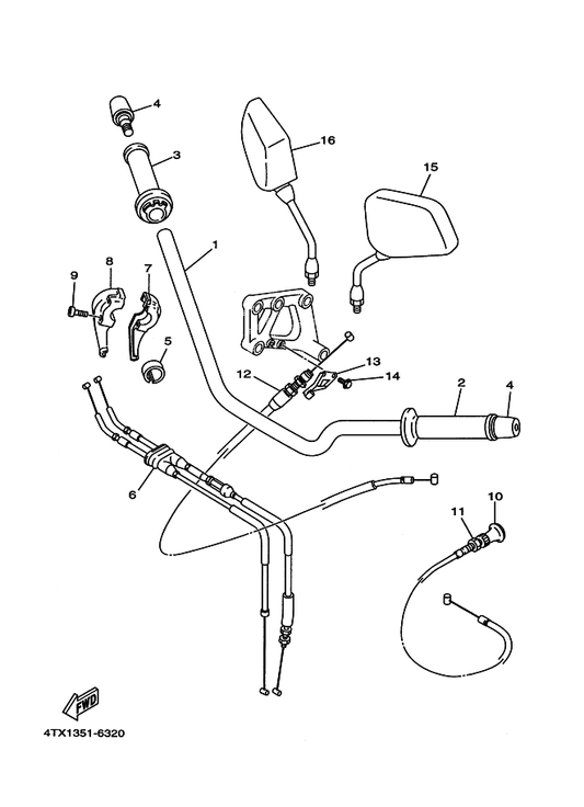 Yamaha 4TX-26280-00 Rear View Mirror Assy (Left) — shown on the Steering Handle. Cable parts diagram