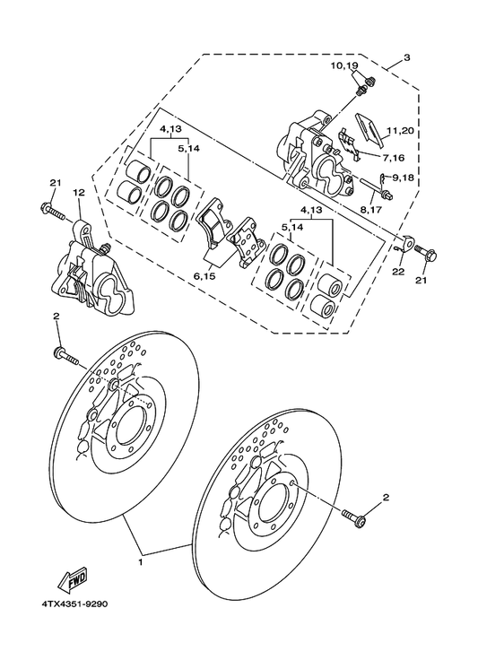 Yamaha 3HE-W0057-50 . Piston Assy, Caliper — shown on the Front Brake Caliper parts diagram