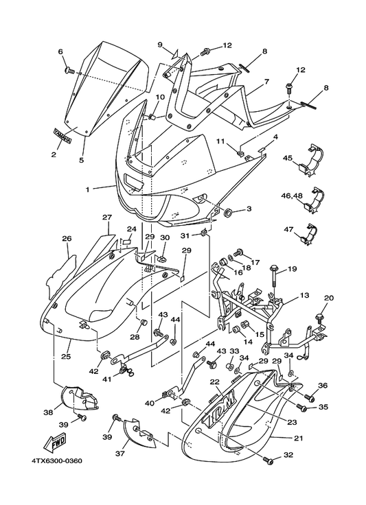Yamaha 4TX-2836K-40 Panel, Inner 1 — shown on the Cowling 1 parts diagram