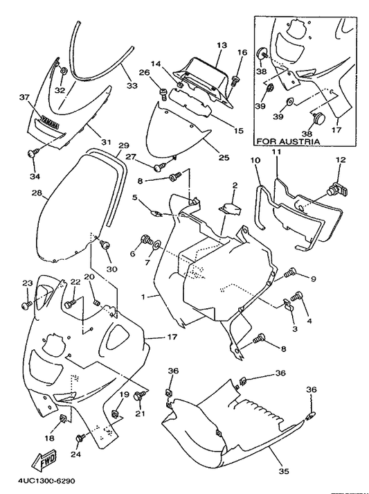Yamaha 29L-28376-00 Trim — shown on the Leg Shield parts diagram