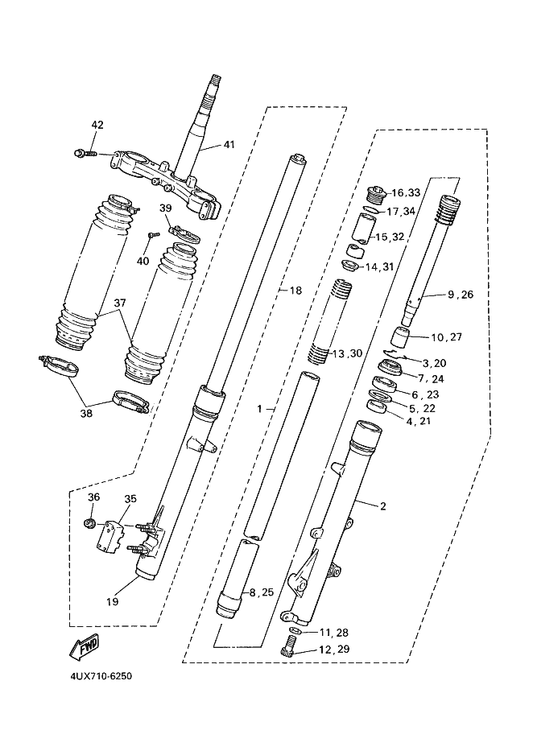 Yamaha 23X-23144-L0 . Seal, Dust — shown on the Front Fork parts diagram