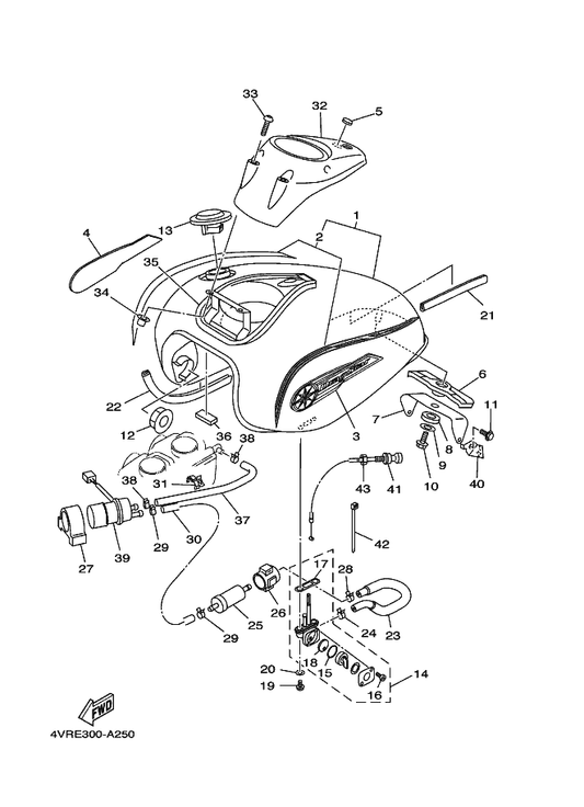 Yamaha 4VR-24161-10 . Emblem 1 — shown on the Fuel Tank parts diagram