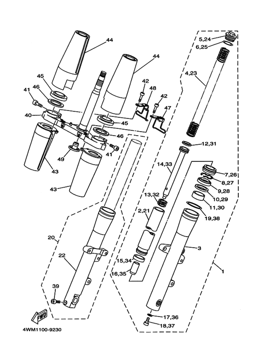 Yamaha 4WM-23141-00 . Spring, Front Fork — shown on the Front Fork parts diagram
