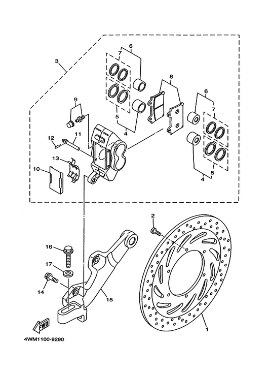 Yamaha 4WM-25819-00 Bracket, Caliper — shown on the Rear Brake Caliper parts diagram