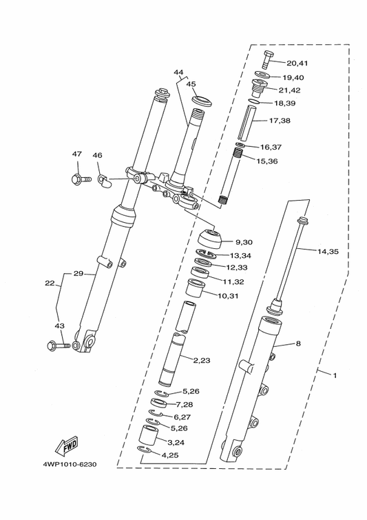 Yamaha 5H0-23144-00 . Seal, Dust — shown on the Front Fork parts diagram