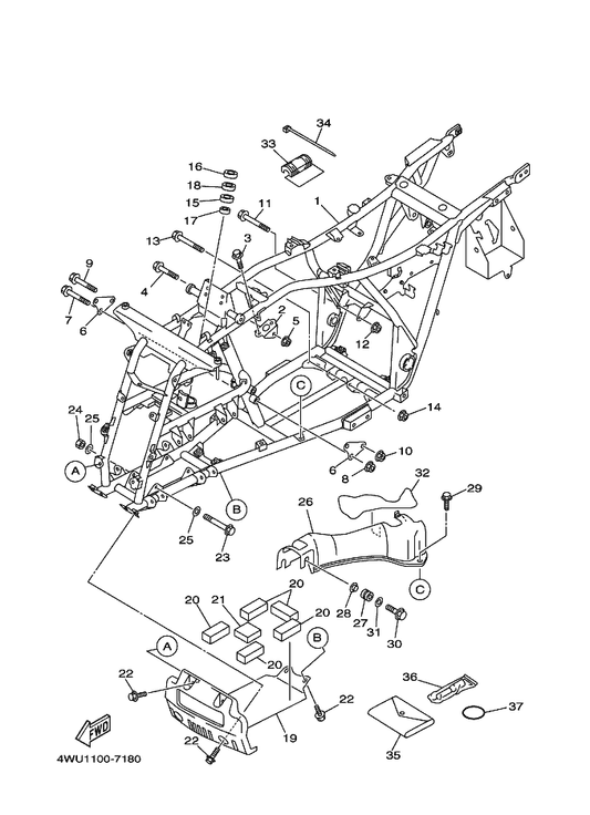 Yamaha 90105-10454 Bolt, Flange — shown on the Frame parts diagram