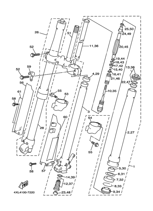 Yamaha 4SS-2314G-L0 Protecter Guide Comp., 2 — shown on the Front Fork parts diagram