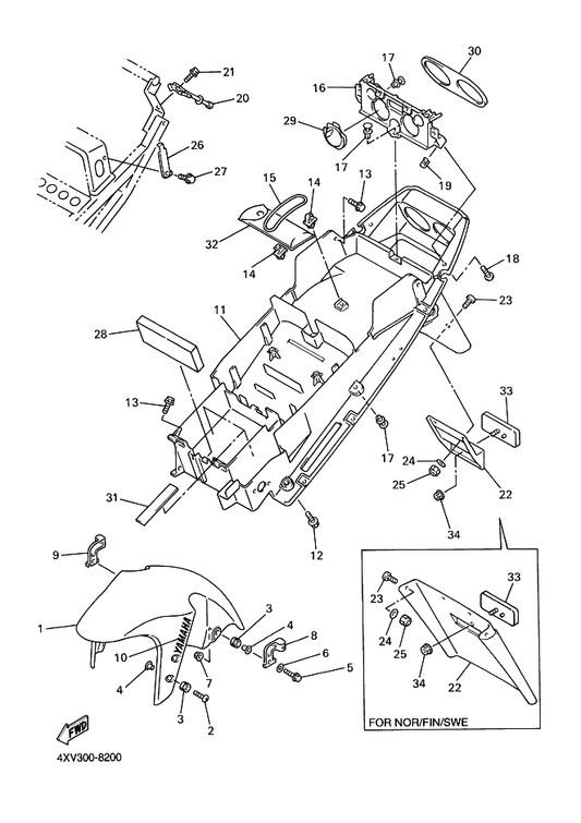 Yamaha 4XV-21611-00 Fender, Rear — shown on the Fender parts diagram