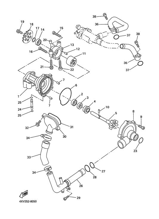 Yamaha 4XV-12482-00 Pipe 2 — shown on the Water Pump parts diagram