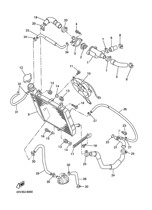 Yamaha 4XV-12577-00 Hose 2 — shown on the Radiator & Hose parts diagram