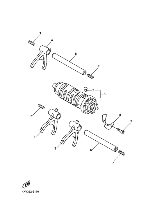 Yamaha 4XV-18511-00 Fork, Shift 1 — shown on the Shift Cam & Fork parts diagram