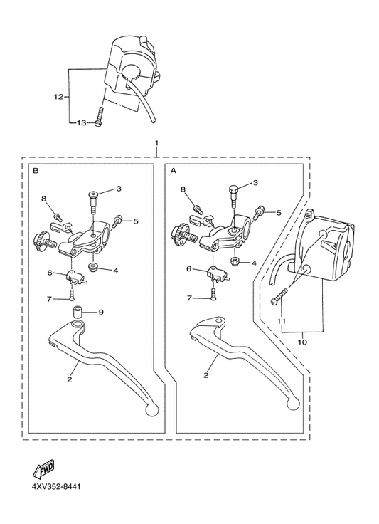 Yamaha 4XV-83912-11 . Lever 1 — shown on the Handle Switch & Lever parts diagram