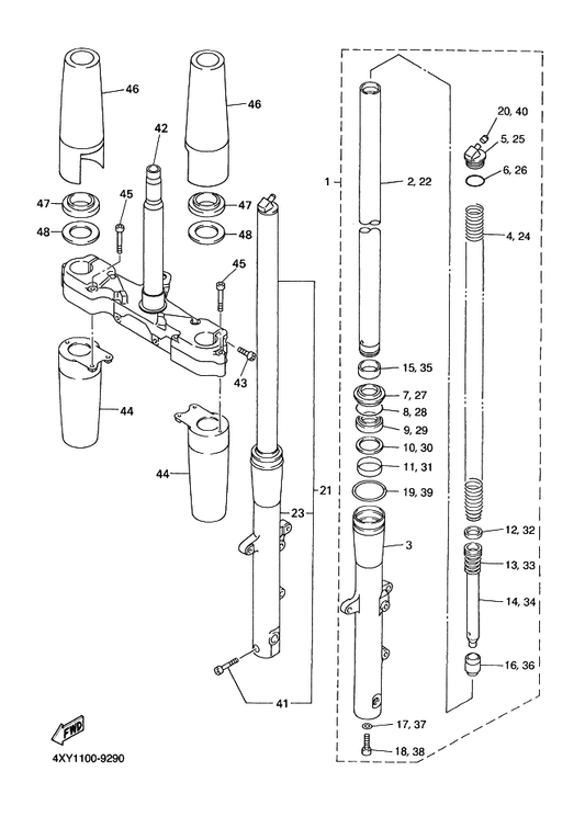 Yamaha 4XY-23141-00 . Spring, Front Fork — shown on the Front Fork parts diagram
