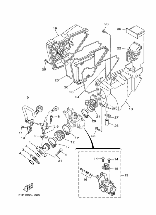 Yamaha 51D-13750-00 Throttle Body Assy — shown on the Intake parts diagram