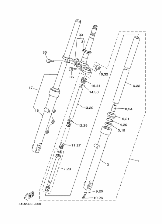 Yamaha 5HH-F3110-22 . Inner Tube Comp.1 — shown on the Front Fork parts diagram